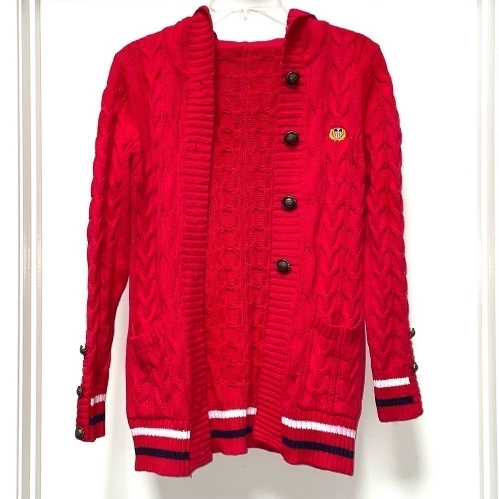 Vintage Twisted Cable Knit Sweater Long Cardigan Red Crest Rampant Lion Buttons